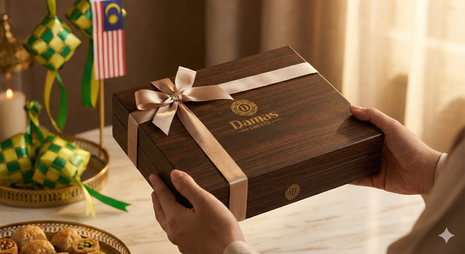 Kotak hadiah kayu eksklusif dari Damas Sweets, diisi dengan pelbagai jenis manisan Arab premium.