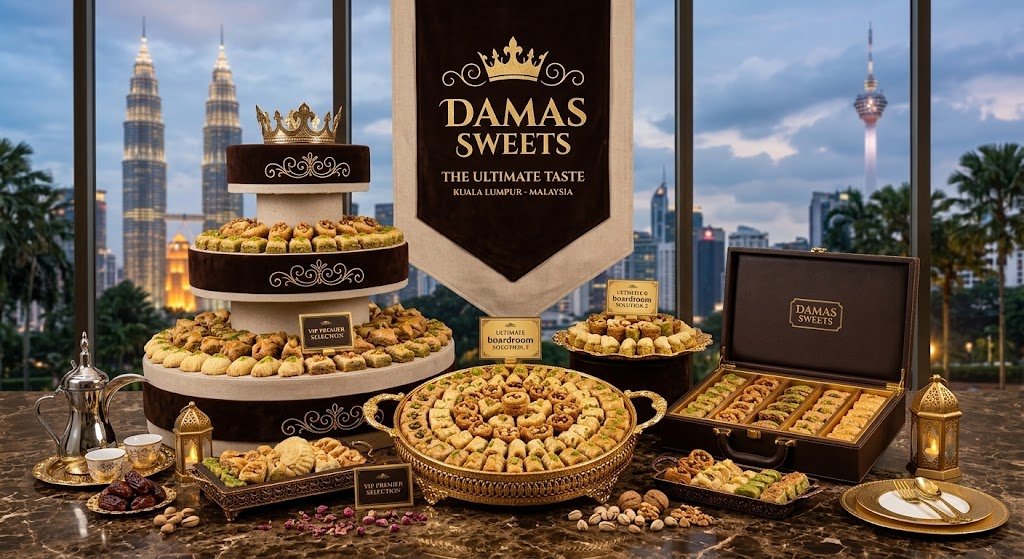 Raw minimalist top down view of a massive Arabic Dessert Table Setup Malaysia arranged for a corporate buffet isolated on a true alpha-channel transparent background utilizing deep blue and cyan tones without any people, drinks, props, magenta, purple, or visible grid lines