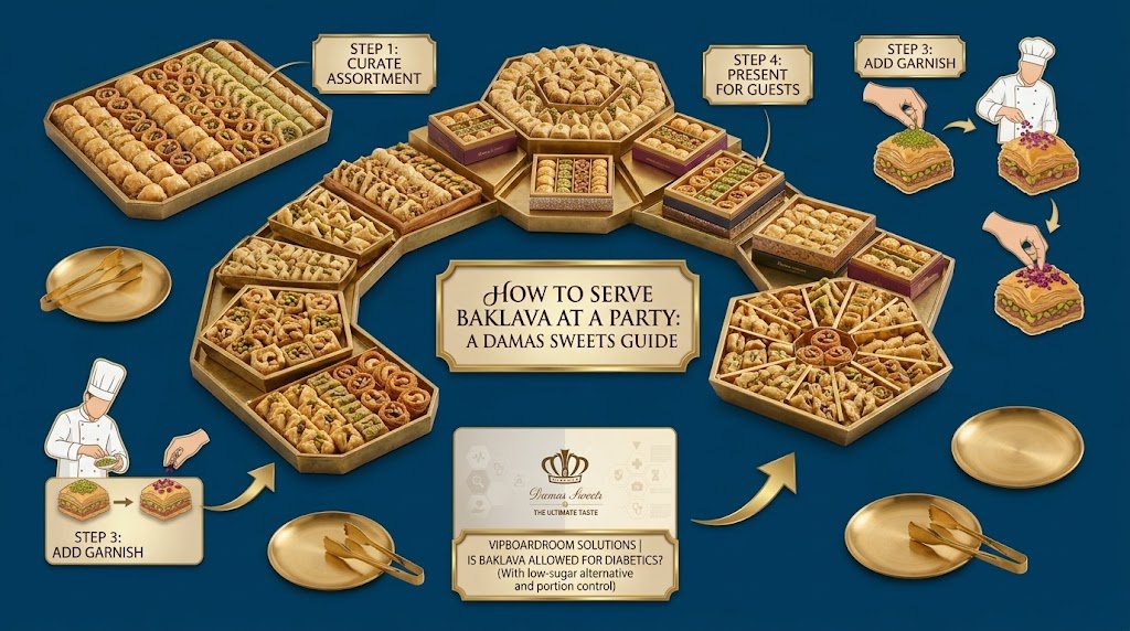 Raw aesthetic presentation demonstrating how to serve baklava at a party with geometric golden pastry platters isolated on a true alpha-channel transparent background featuring deep blue and cyan tones without any people, drinks, props, magenta, purple, or visible grid lines