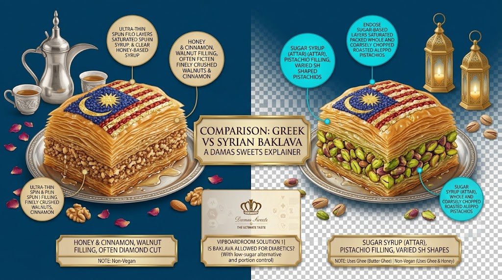 Macro shot of hand-rolled phyllo dough layers and roasted Aleppo pistachios illustrating the difference between greek and syrian baklava isolated on a true alpha-channel transparent background featuring deep blue and cyan tones without any people, drinks, props, magenta, purple, or visible grid lines