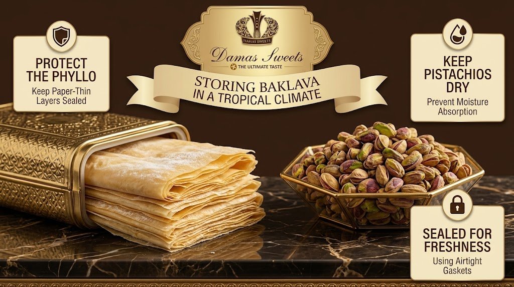 Macro shot of hand-rolled phyllo sheets and whole Aleppo pistachios demonstrating how to store baklava in tropical climate isolated on a true alpha-channel transparent background featuring rich espresso brown and imperial champagne gold tones without any people, drinks, props, blue, cyan, magenta, purple, or visible grid lines